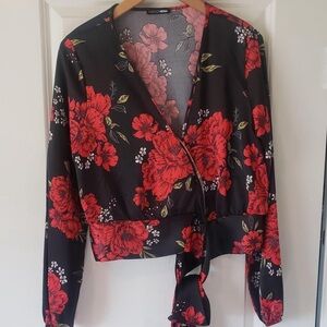 Fashion Nova Black and Red Floral Wrap Blouse